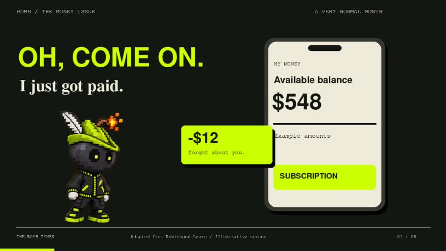 A frame from BOMB's monthly spending animation