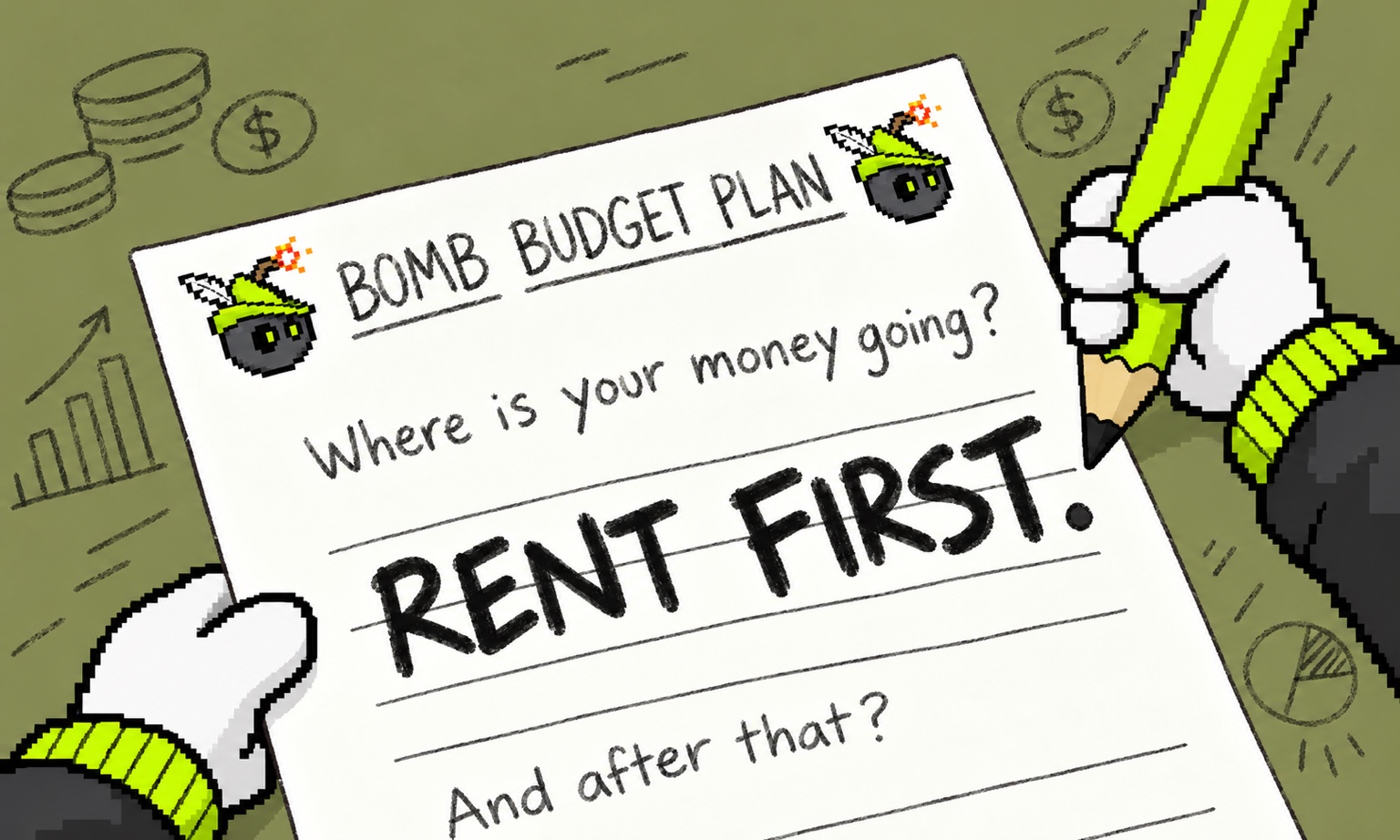 BOMB budget worksheet with Rent First written on it